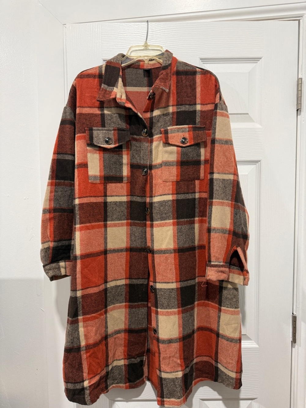 SHEIN Orange & Cream Plaid Long Button-Up Shacket Coat